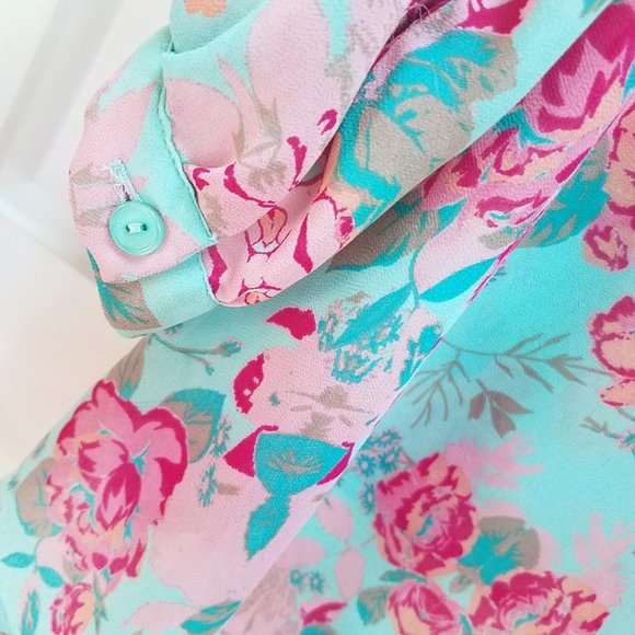 Forever 21 Women's Hi Lo Semi Sheer Turquoise Floral Shirt Top Blouse Cover Up - Picture 11 of 13